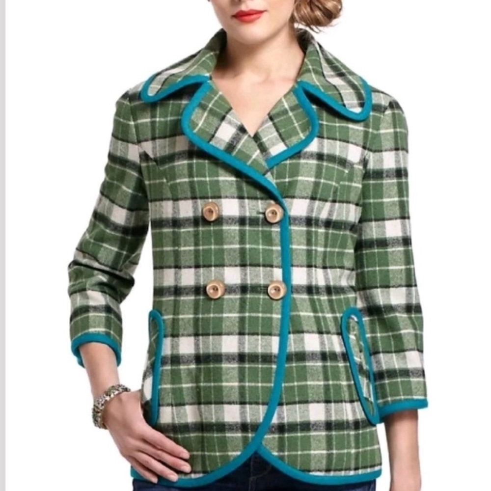 Anthropologie Tabitha Piped Plaid Coat Jacket green teal cream S